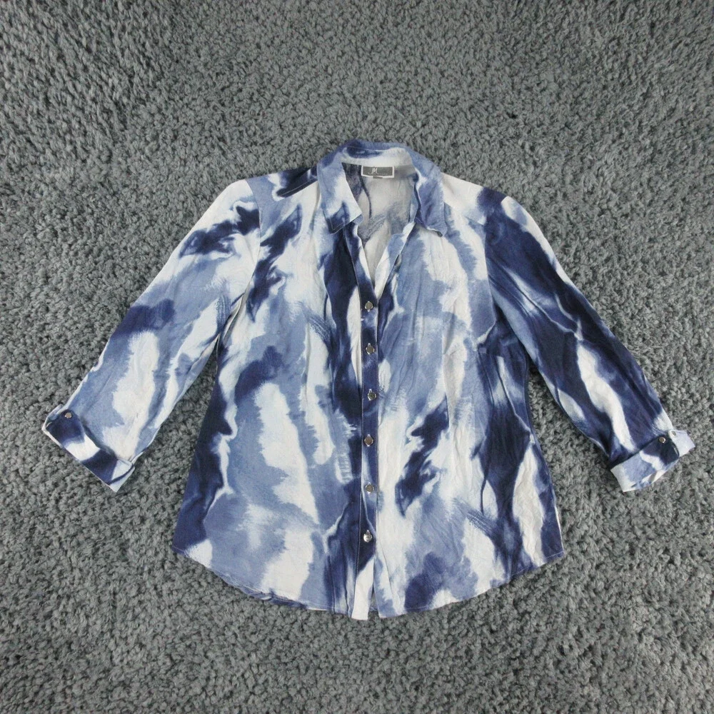 JM Collection Shirt Womens 6 Blue White Linen Blend 3/4 Sleeve Button Up